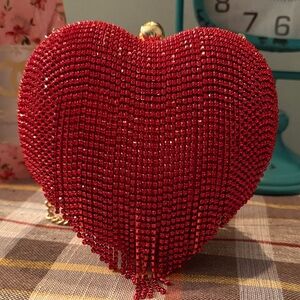 AQUA Bloomingdales’s Red Heart-Shaped Rhinestone Fringe Clutch Crossbody - NWT